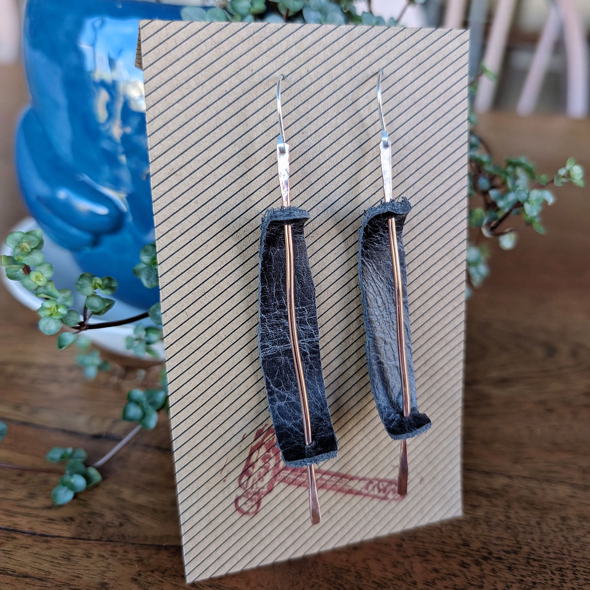 Blue Leather Dreams Silver Earrings